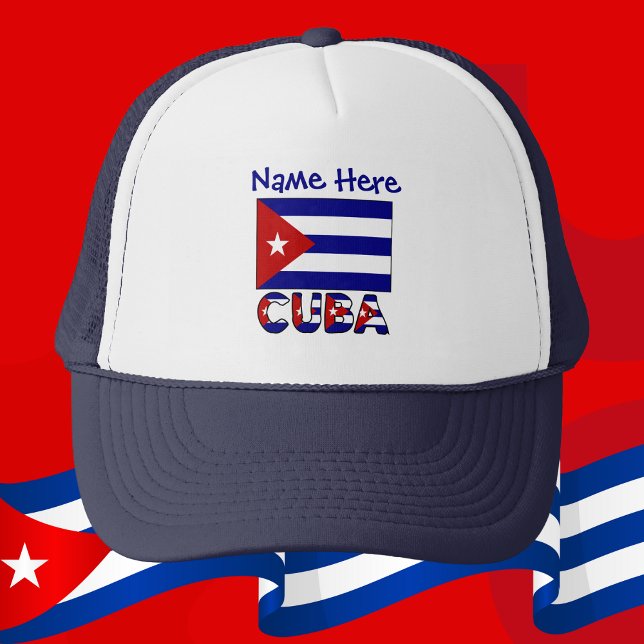 Casquette Cuba Dark Blue Cuban Flag Navy Blue Personalized (Personalized trucker hat with dark blue Cuban flag and the word CUBA below.)