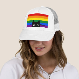 Casquette Curieux Peeking Chat noir avec drapeau arc-en-ciel
