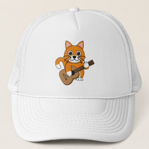 Casquette Cute Orange Chat Blanc Jouer Caricature Guitare
