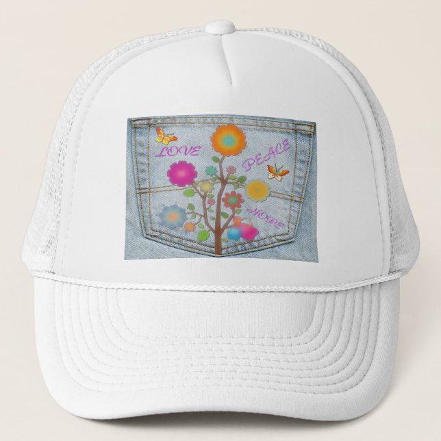 Casquette Denim Back Fleurs de poche Paix Aimer Espoir (Devant)