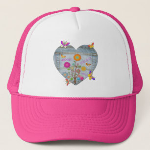 Casquette Denim Pocket Heart Flowers Papillons Trucker Chape