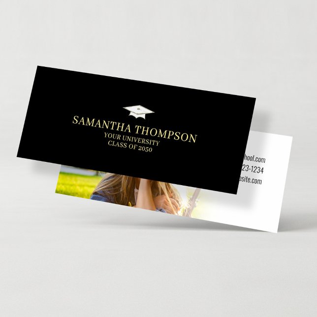 Casquette d'études Gold Carte de nom de l'étudiant (Graduation simple name card with photo template in Classic black and gold. )