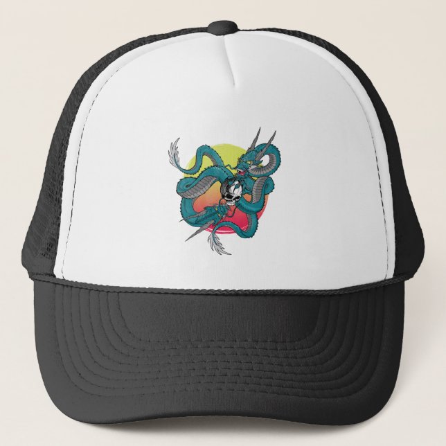 Casquette Dragon japonais tenant le crâne - dessin animé (Devant)