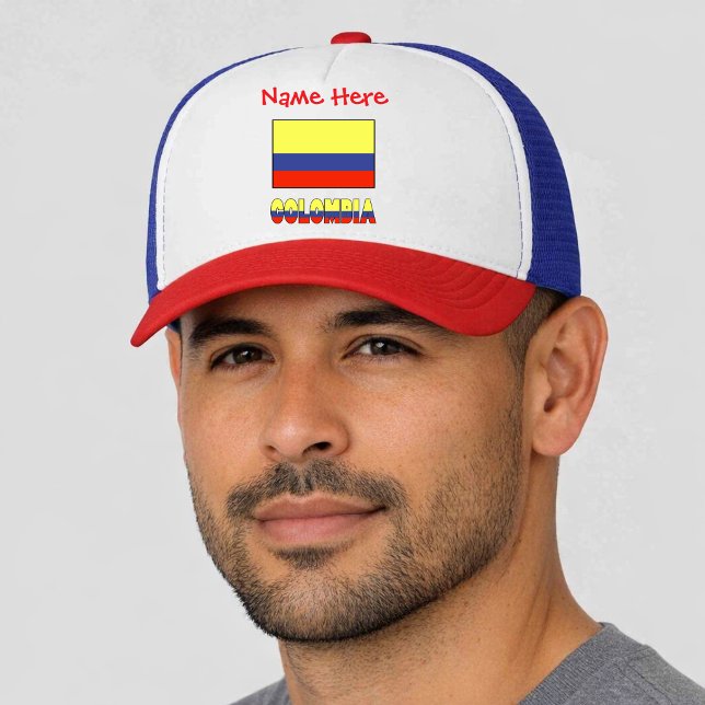 Casquette Drapeau Colombien Colombie Personnalisé  (Personalized trucker hat has Colombian Flag and COLOMBIA below in flag colors. Add name above in red)