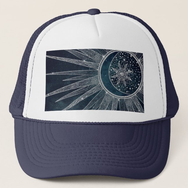 Casquette Elégant Silver Sun Moon Doodle Mandala Blue Design (Devant)