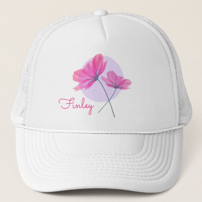 Casquette Elégante délicate fleurs rose nom point bleu clair (Devant)