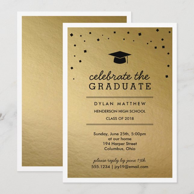 Casquette et Confetti Gold Graduation Invitation (Devant / Derrière)
