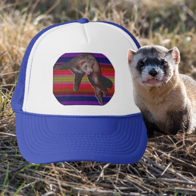 Casquette Ferret dansant avec Arrière - plan rayé coloré (Dancing Ferret with Colorful Striped Background Trucker Hat)