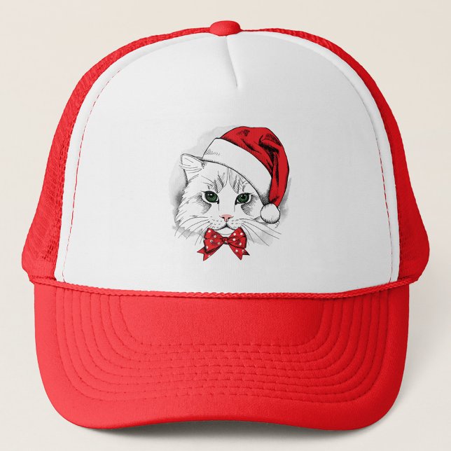 Casquette Festif (A trucker-style hat with a white front panel and a red bill and mesh back. )