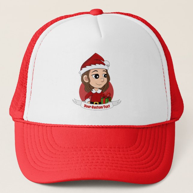 Casquette Fille de Noël aux cheveux bruns ondulés (Devant)