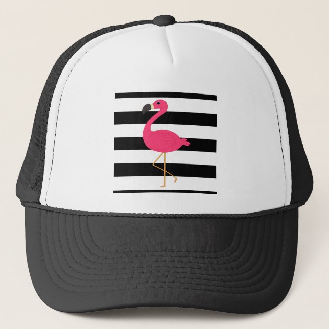 Casquette Flamant rose noir et blanc de rose de rayure (Devant)