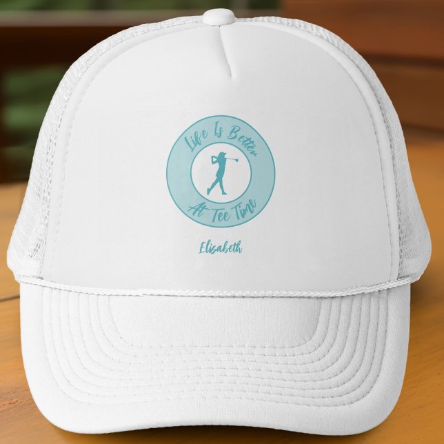 Casquette Golf Funny Ladies Golfer Tee Time Teal (Funny teal trucker hat with name—because tee time deserves a stylish shade.)