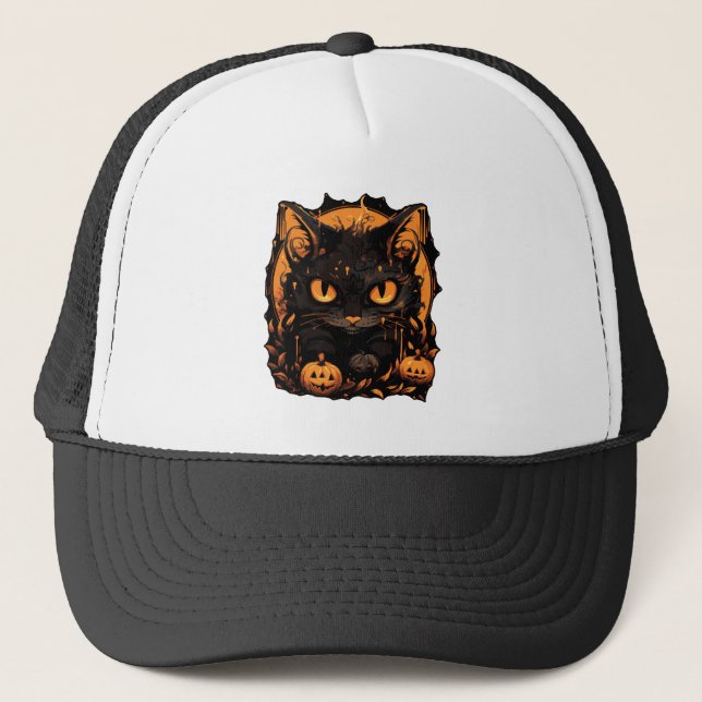 Casquette Halloween envoûtant : Chat noir parmi les Citrouil (Devant)