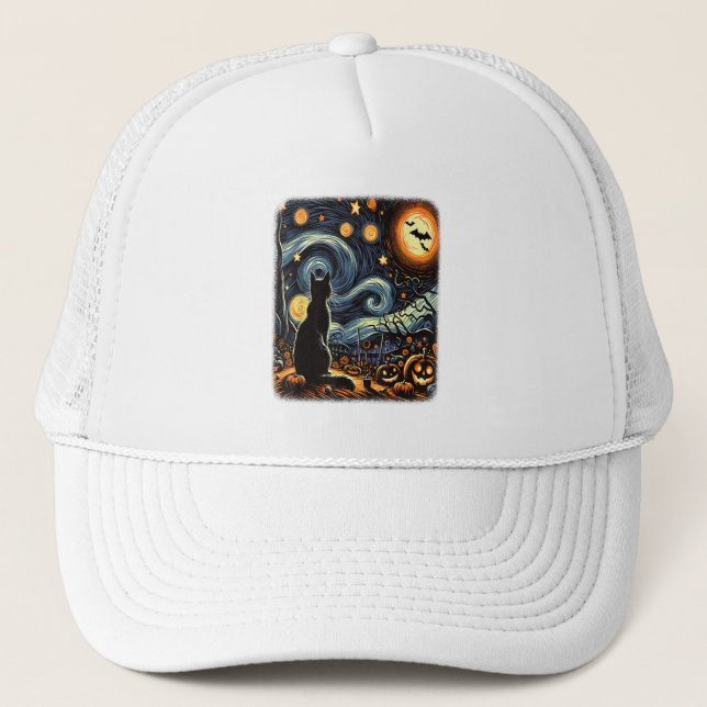 Casquette Halloween Van Gogh Starry Night Chat noir Citrouil (Devant)