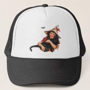 Casquette Halloween vintage, sorcière fille avec chat noir