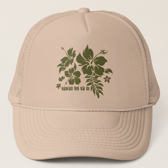 Casquette Hibiscus Pareau Floral hawaïen à Olive pour Casque (Devant)