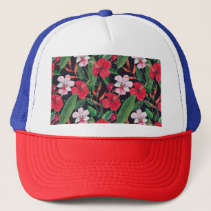 Casquette hibiscus rouge, orchidées, aquarelle tropicale.