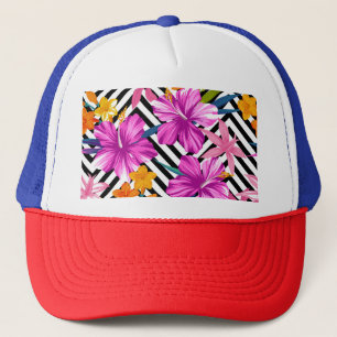 Casquette Hibiscus tropical, feuilles de palmiers, géométriq