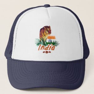 Casquette Inde Tigre Vintage Avec Drapeau Retro Lotus Souven