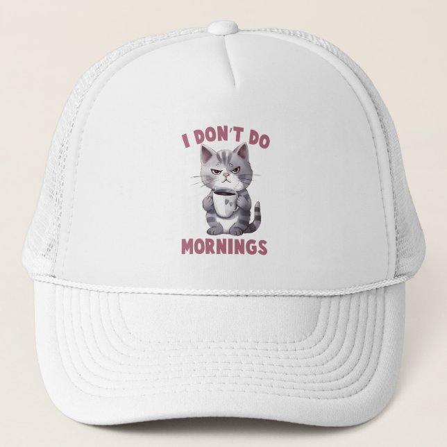 Casquette Je ne fais pas le matin - Chat gris avec café (Devant)