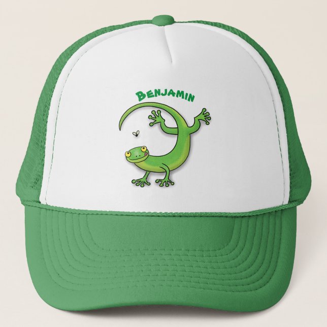 Casquette Joli gecko vert salutations avec dessin animé (Devant)