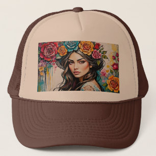 Casquette Jolie fille avec Roses et poudrières de peinture F