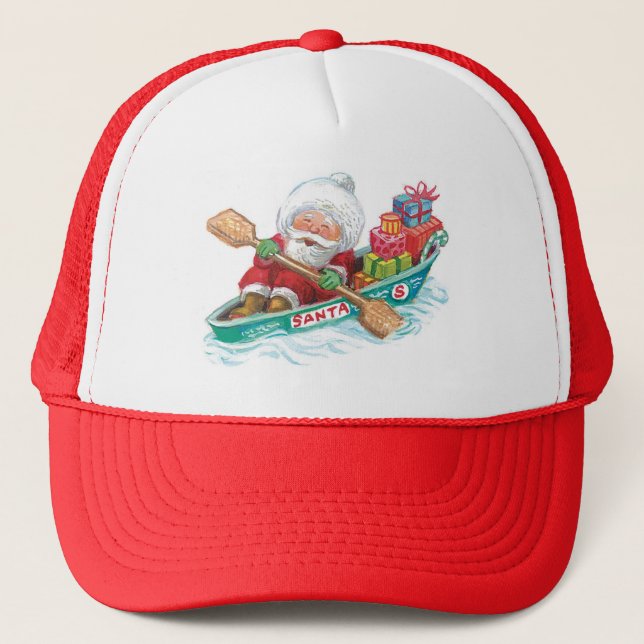 Casquette Jote Cartoon Jolly Santa Claus dans un bateau de r (Devant)