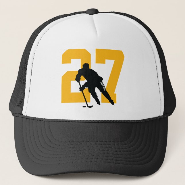 Casquette Joueur de hockey personnalisé nombre noir et or ja (Devant)
