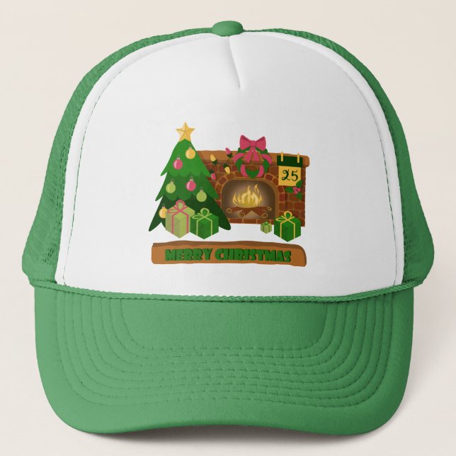 Casquette Joyeux Noël près de la cheminée bonfire xmas arbre (Devant)