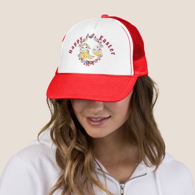 Casquette Joyeux Oeuf Lapin de Pâques Floral Wreath Oiseau (En situation)