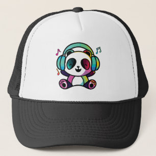 Casquette Joyeux Panda avec écouteurs écoutant de la musique