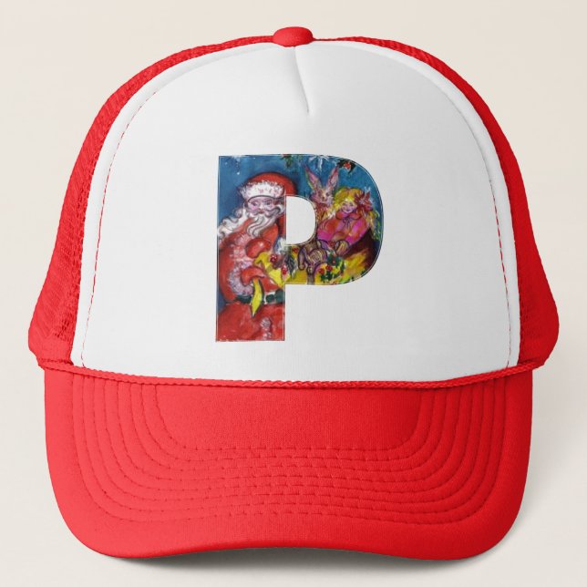 CASQUETTE LETTRE P DE NOËL / PÈRE NOËL AVEC CADEAUX MONOGRAM (Devant)