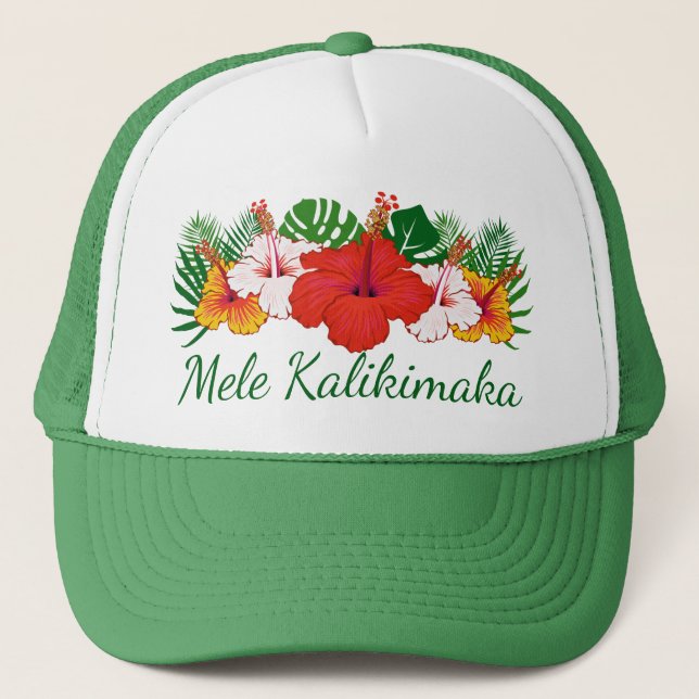 Casquette Mele Kalikimaka Hawaiian Fleurs Feuilles (Devant)