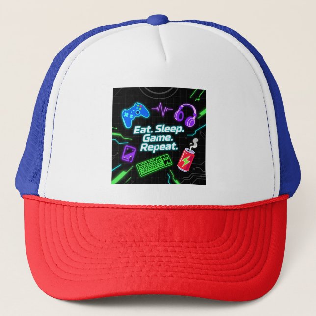 Casquette Neon Eat Sleep Game Repeat Gamer Quote (Devant)