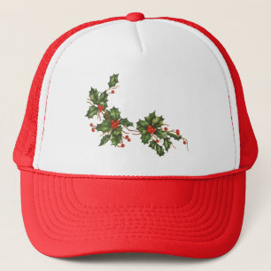 Casquette Noël vintage, plante de houx avec des baies rouges