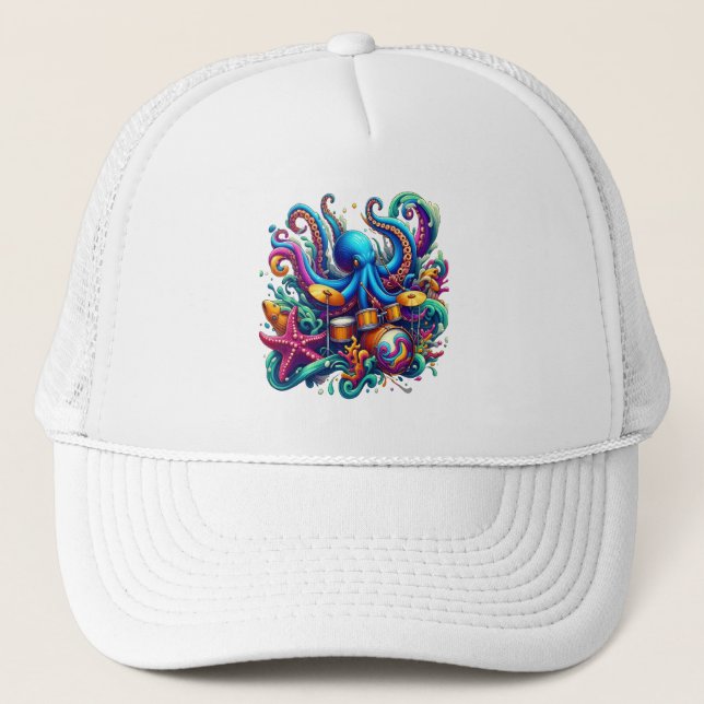Casquette Octopus jouant de la batterie Percussive Sea Symph (Devant)