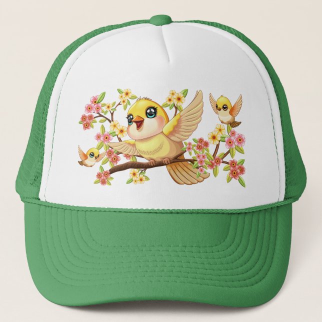 Casquette Oiseaux mignons et heureux parmi les fleurs du pri (Devant)
