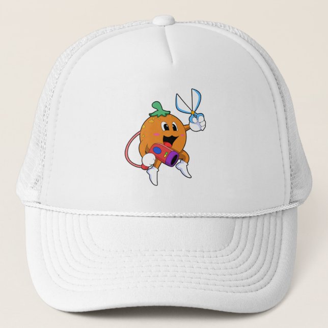 Casquette Orange comme Coiffeur avec ciseaux et sèche-cheveu (Devant)
