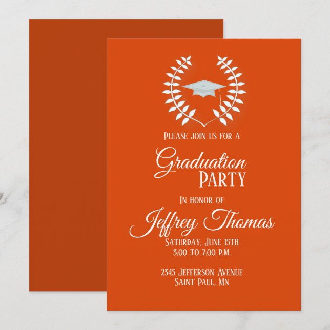 Casquette orange et Feuille Grad Invitation 5" x 7 (Devant / Derrière)