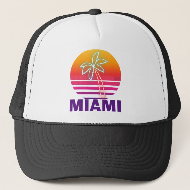 Casquette Palmier au néon Miami fier de plage de coucher du (Devant)