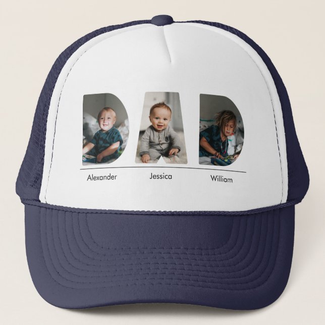 Casquette Papa avec personnage 3 enfants photo et nom (Devant)