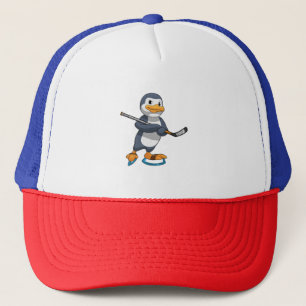 Casquette Pingouin au hockey sur glace avec bâton de hockey