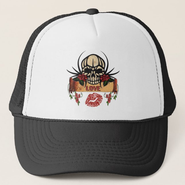 Casquette RAB Rockabilly Crâne Roses Love Lipstick (Devant)