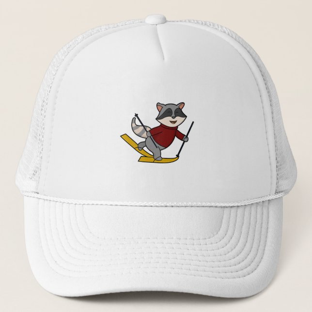 Casquette Raccoon en ski avec des pôles de ski et de ski (Devant)