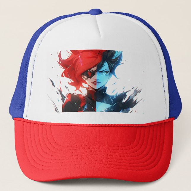 Casquette Red Blue Fire Ice Comic Style Anime Girl (Devant)