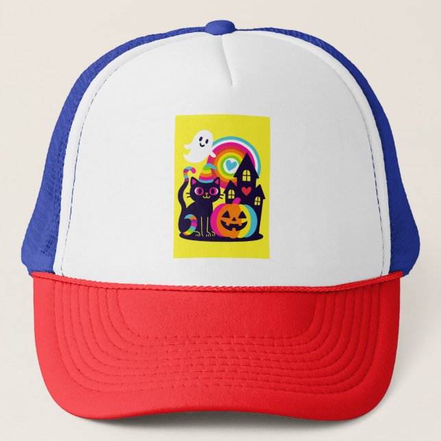 Casquette Retro Halloween Kawaii Chat noir, design Citrouill (Devant)