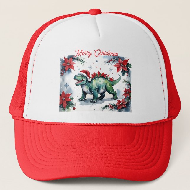 Casquette Santa Stegosaurus Dinosaur & Christmas Poinsettias (Devant)
