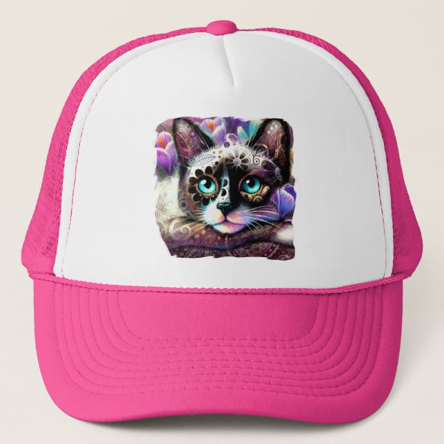 Casquette Siamese Kitty Chat Crocus Floral Violet Turquoise  (Devant)