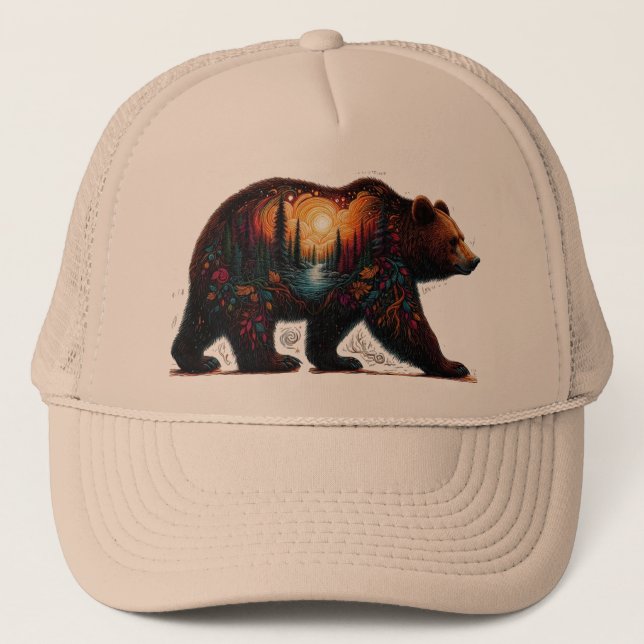 Casquette Silhouette grizzly contre montagnes (Devant)