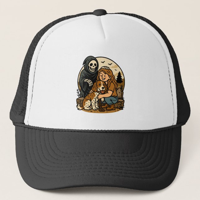 Casquette Spooky Grim Reaper with Girl and Dog Skeleton Art  (Devant)